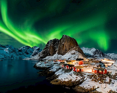 The Northern Lights over the Norwegian town of Hamnoy